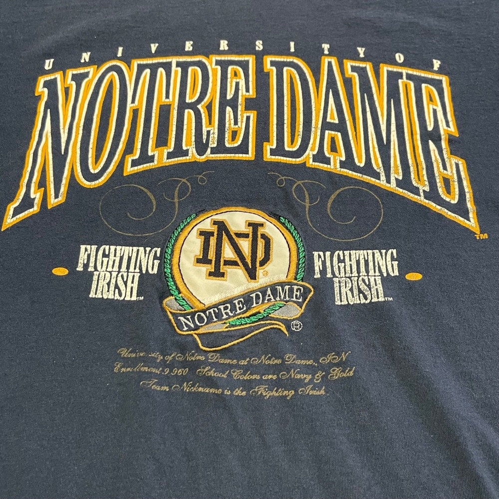Vintage 90s Notre Dame L Shirt Embroidered Nutmeg Mills Single Stitch Navy Blue